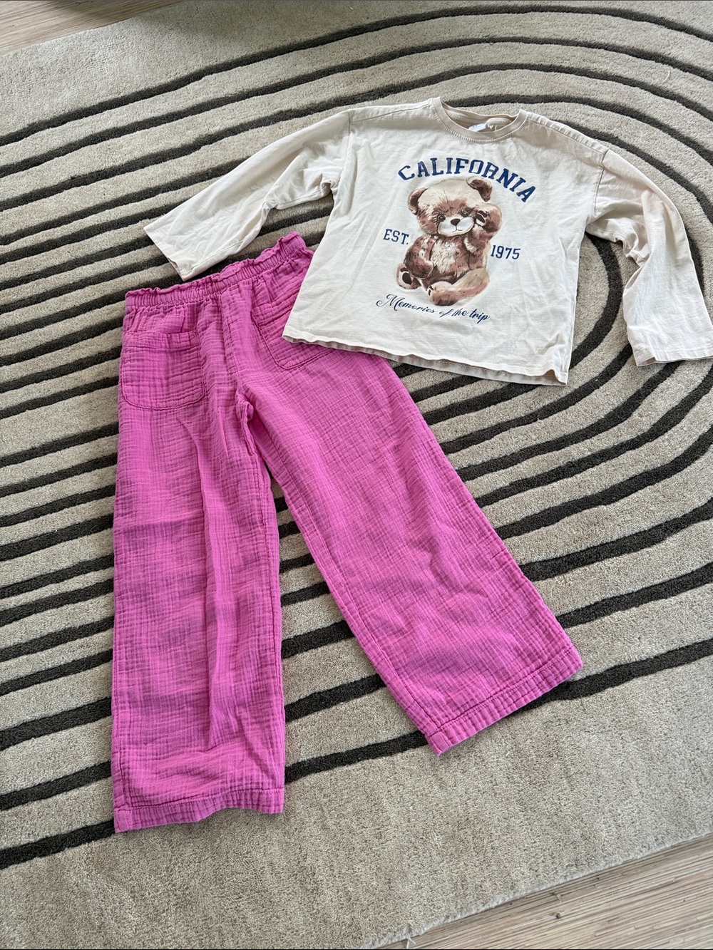 Zara Cream Bear Graphic Top with Pink Wide-Leg Pants
